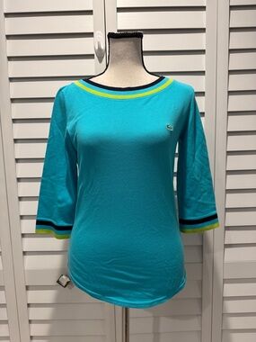Lacoste Teal Scoop Neck Short Sleeve Knit Top with Contrast Trim
